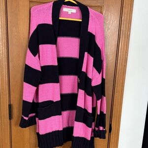 LOFT Bold Pink and Black Striped Cardigan